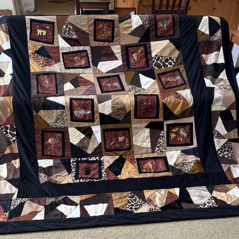 extra Large vintage, handmade Patchwork Animal safari Print Quilt brown and blk